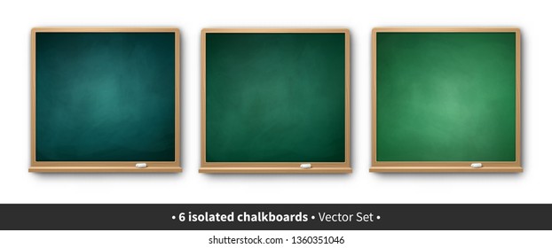 Vector illustration set of green square chalkboards with wooden frame with piece of chalk and shadow isolated on white background.