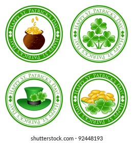 vector illustration of a set of green  stamps with four leaf clover shape, pot, gold coins, leprechaun hat and the text Happy St. Patrick's Day written inside the stamp