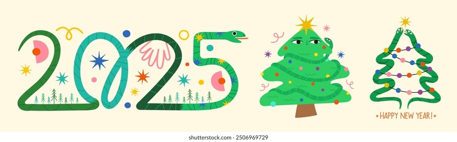 Vector illustration set with green tree wood snakes, pine trees, garlands and doodle elements. 2025 new year celebration poster, greeting card template.