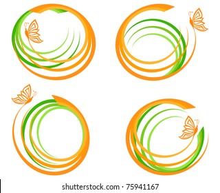 vector illustration of a set of a green waves with orange butterfly. Can be used as logo.