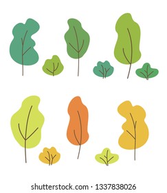 Vector illustration set of green, yellow, orange trees. Trees and bushes collection isolated on white background in flat style.