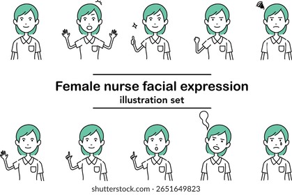 Ilustração vetorial de uma enfermeira de cabelos verdes com várias expressões faciais e gestos