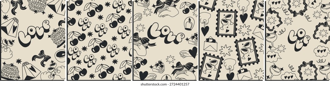 Ilustración vectorial. Conjunto de tarjetas de felicitación para el día de San Valentín, estilo retro. Carteles, portadas, Anuncios.