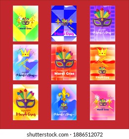 Vector illustration set of greetings for Mardi Gras carnival celebration concept with beautiful venetian mask, balloons, symbols, party horns decoration.