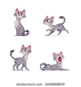 Vector illustration set of a grey tabby cat in various poses. Sitting, walking, running, and yawning. Perfect for childrens books, stickers, character design, and pet-themed projects