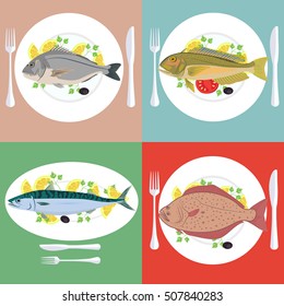 Vector Illustration Set Of Grill Prepared Fish With Lemon And Parsley.