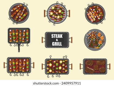 Vector illustration set of grilled barbecue food on various grills, top view isolated on white cartoon background.