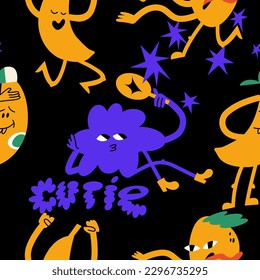 Vector illustration set groovy characters with happy faces. Seamless pattern.