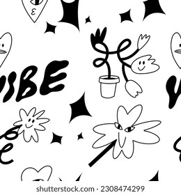 Vector illustration set groovy characters with happy faces. Seamless pattern.