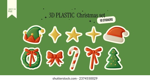 Vector illustration - Set of groovy Christmas stickers. 10 Plastic Elements In 3D Style. Trendy shapes - Stars, Christmas tree, Bows, Santa hat, Elf hat, Christmas candy cane.