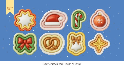 Ilustración vectorial - Conjunto de pegatinas de Navidad groovy. 8 Elementos Plásticos De Estilo 3D. Decoración navideña - Estrellas, Campana de Navidad, Pretzel, Bow, Sombrero de Papá Noel, Caña de caramelo de Navidad.