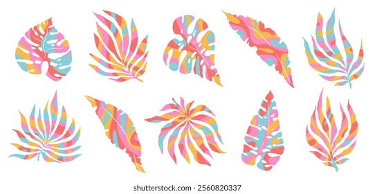 Vector illustration set of groovy icons with abstract monstera and palm leaves isolated on white background. Modern funky design tropical plant elements for sticker print, card