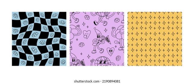 Vector illustration set groovy seamless patterns with retro stickers