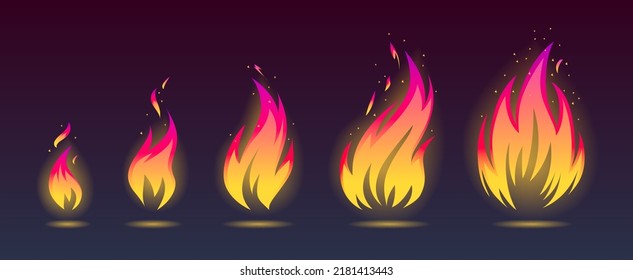 Vector illustration set of growing fire flames icons on dark background. Flame in different shapes, vector.