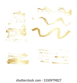 Vector illustration with set of grunge artistic think abstract brush strokes. Empty gold gradient shapes, wawe design elements, for frames. Backgrounds for text or quote. EPS8