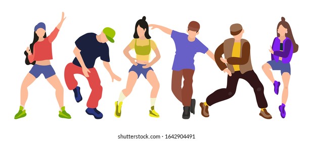 Vector Illustration Set Of Guys And Girls Dancing. Youth At The Party. Dancing Teens In Colorful Modern Clothes. Hip Hop And Street Style Modern Dance, Arenby And Hip Hop School. Rapper Style In Sover