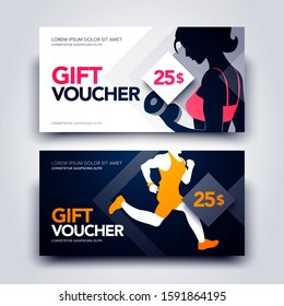 Vector Illustration Set Of Gym And Sport Gift Voucher Template With Women And Runner