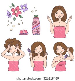 Vector illustration set of hair care. Young woman washing and combing hair. 