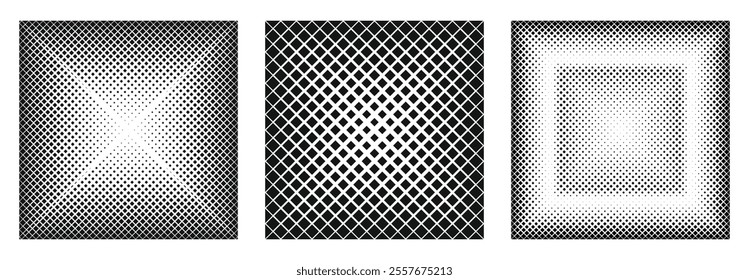 Vector illustration set of a halftone dotted squares, stipple patterns, geometric halftone, monochrome abstract dot patterns with gradient.