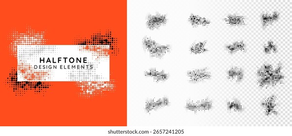 Vector illustration. Set of halftone dotted elements. Faded dots bundle isolated on white background. Geometric design for poster, layout, postcard, frame, flyer, advertisement. Pop art style