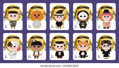 Conjunto de Ilustración vectorial de tarjetas de Halloween con diversos personajes en varios trajes como momia, pirata y esqueleto para la emoción festiva.