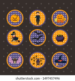 Vector illustration of set of halloween element with pumpkin, witch on a broomstick, pot of potion, dracula and bat. Illustration can use for kids decor, print, card, sticker kit