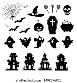 Vector illustration of set of halloween element with pumpkin, witch on a broomstick, pot of potion, ghosts and bats. Illustration can use for kids decor, print, card, sticker kit