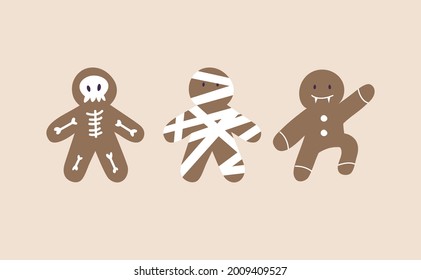 Vector illustration set of halloween gingerbread man - decorative like skeleton, vampire and mummy