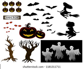 Vector illustration of set of Halloween holiday pumpkins and witches, bats and scary trees, transparent cast