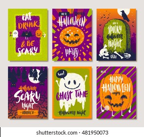 Vector illustration. Set of Halloween holidays hand drawn posters or greeting card with handwritten calligraphy quotes, words and phrases.