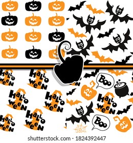 Vector illustration with set Halloween items. Pumpkins, bats and a black cat