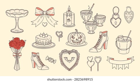 Vector illustration set of Halloween party line art elements including a Jack-o'-lantern, cake with cherries, Victorian boots, roses, heart mirror with bat, and cocktails.