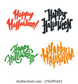 Vector illustration set of halloween postcards. Creepy happy halloween lettering postcards. Autumn holiday postcard. Season holiday. Hand drawn lettering with text happy halloween.
