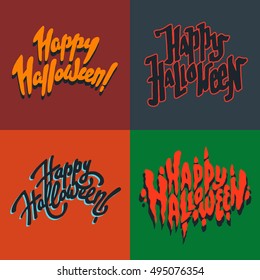 Vector illustration set of halloween postcards. Creepy happy halloween postcards. Autumn holiday postcard. Season holiday. Hand drawn lettering with text happy halloween.