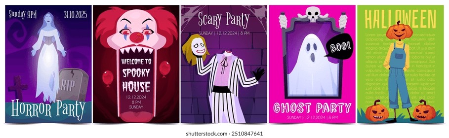 Vector illustration of a set of Halloween posters with a horror house, scary party, ghosts, clown and pumpkins. Carnival flyers with space for text and date. Flat style.