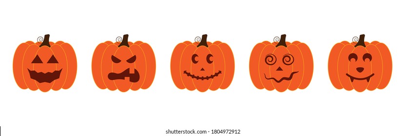 Vector illustration set of halloween pumpkins, scary and funny pumpkin faces, vector jack o lantern facial expressions characters.