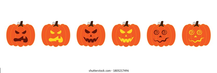 Vector illustration set of halloween pumpkins, scary and funny pumpkin faces, vector jack o lantern facial expressions characters.