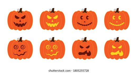 Vector illustration set of halloween pumpkins, scary and funny pumpkin faces, vector jack o lantern facial expressions characters.