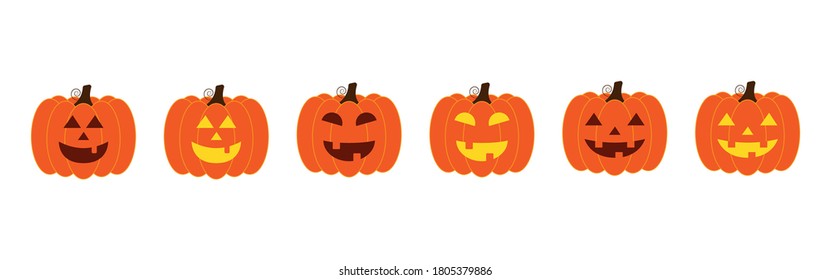 Vector illustration set of halloween pumpkins, scary and funny pumpkin faces, vector jack o lantern facial expressions characters.