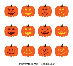 Ilustración vectorial de calabazas de halloween, caras de calabaza espeluznantes y divertidas, jack vector o personajes de expresiones faciales linternas.