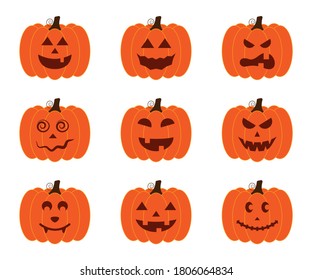 Vector illustration set of halloween pumpkins, scary and funny pumpkin faces, vector jack o lantern facial expressions characters.