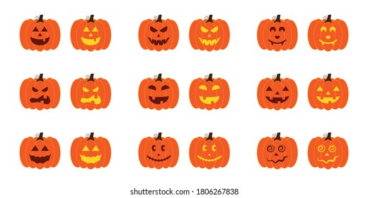 Vector illustration set of halloween pumpkins, scary and funny pumpkin faces, vector jack o lantern facial expressions characters.