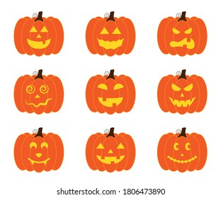Vector illustration set of halloween pumpkins, scary and funny pumpkin faces, vector jack o lantern facial expressions characters.