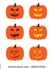 Vector illustration set of halloween pumpkins, scary and funny pumpkin faces, vector jack o lantern facial expressions characters.