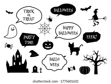 Vector illustration set of halloween related items and speech bubbles. Black and white