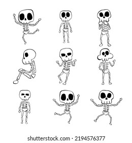 Vector illustration set of Halloween Skeleton cartoon line on white background.