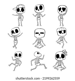 Vector illustration set of Halloween Skeleton cartoon line on white background.