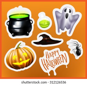 Vector illustration set Halloween stickers. Witches cauldron, ghost, potion,  Jack-o'-lantern, Happy Halloween, spider. EPS 10