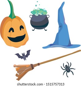 vector illustration of set halloween things, includes halloween pumpkin, broom, spider, witch cauldron, bat