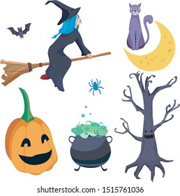vector illustration of set halloween things, includes woman or witch riding broom, halloween pumpkin, spider, candles, witch cauldron, spooky tree